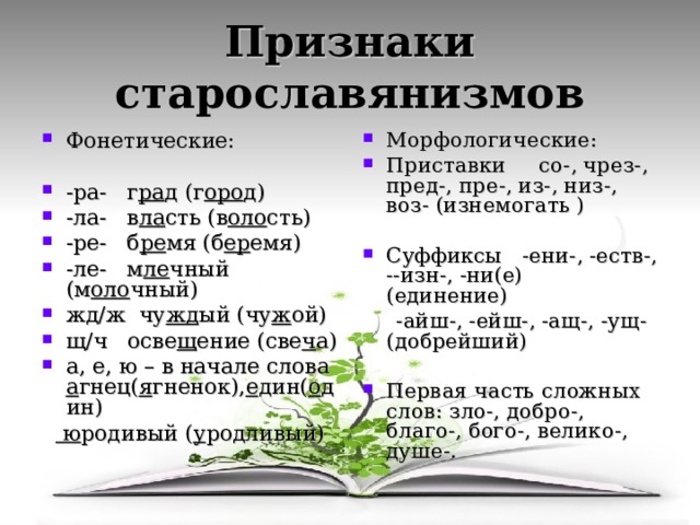 Признаки старославянизмов Фонетические:  -ра- г ра д (г оро д) -ла- в ла сть (в оло сть) -ре- б ре мя (б ер емя) -ле- м ле чный (м оло чный) жд/ж чу жд ый (чу ж ой) щ/ч осве щ ение (све ч а) а, е, ю – в начале слова а гнец( я гненок), е дин( о дин) Морфологические: Приставки со-, чрез-, пред-, пре-, из-, низ-, воз- (изнемогать )  Суффиксы -ени-, -еств-, --изн-, -ни(е) (единение)   ю родивый ( у родливый)  -айш-, -ейш-, -ащ-, -ущ- (добрейший) Первая часть сложных слов: зло-, добро-, благо-, бого-, велико-, душе-. 