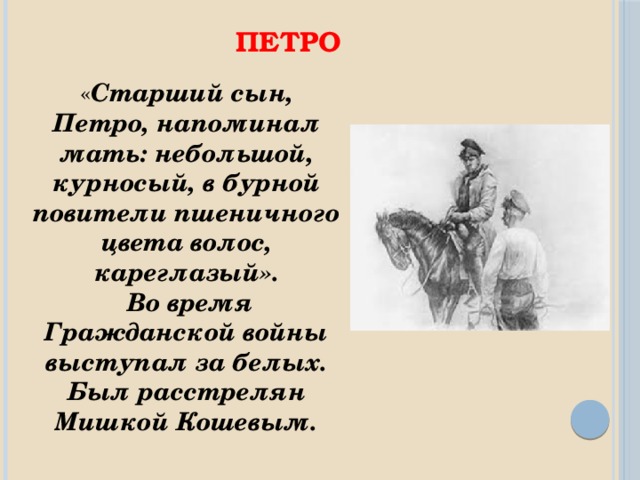 Петро « Старший сын, Петро, напоминал мать: небольшой, курносый, в бурной повители пшеничного цвета волос, кареглазый».  Во время Гражданской войны выступал за белых. Был расстрелян Мишкой Кошевым. 