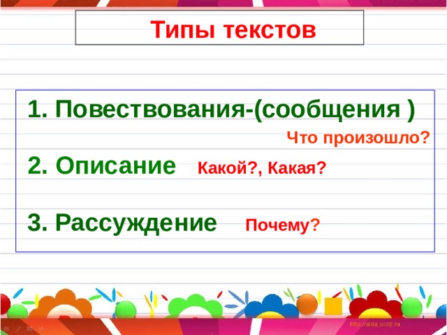  Типы текстов  1. Повествования-(сообщения ) Что произошло?  2.  Описание  Какой?, Какая?   3. Рассуждение Почему ? 