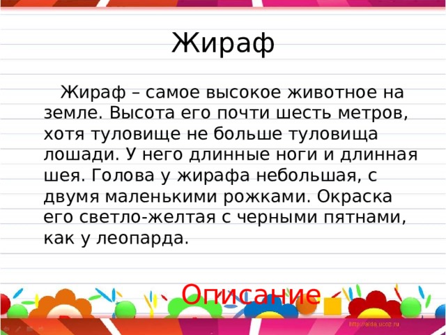 Жираф  Жираф – самое высокое животное на земле. Высота его почти шесть метров, хотя туловище не больше туловища лошади. У него длинные ноги и длинная шея. Голова у жирафа небольшая, с двумя маленькими рожками. Окраска его светло-желтая с черными пятнами, как у леопарда.  Описание 
