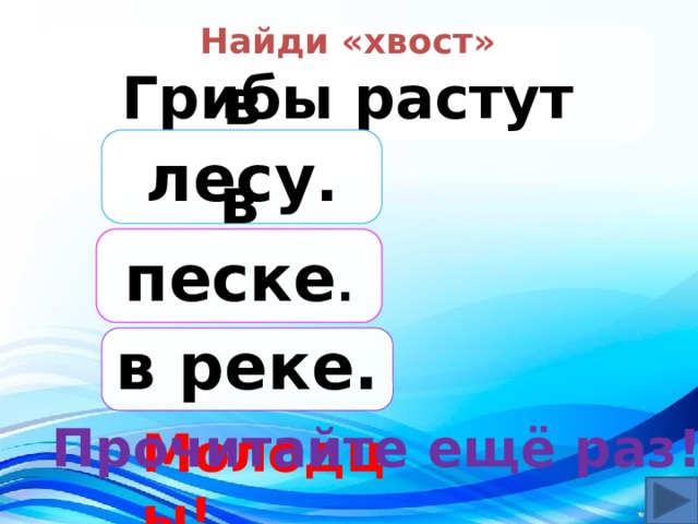 Найди «хвост» Грибы растут в лесу . в песке . в реке. Прочитайте ещё раз! Молодцы! 