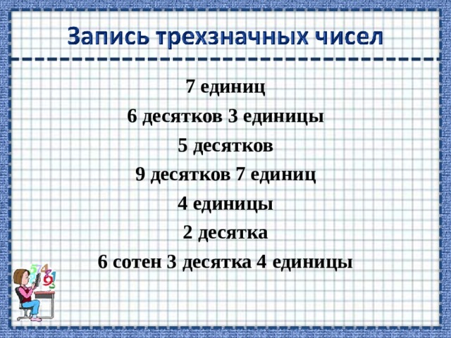 7 единиц 6 десятков 3 единицы 5 десятков 9 десятков 7 единиц 4 единицы 2 десятка 6 сотен 3 десятка 4 единицы  