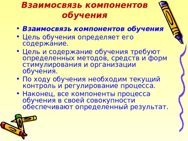 Взаимосвязь компонентов обучения   Взаимосвязь компонентов обучения Цель обучения определяет его содержание. Цель и содержание обучения требуют определенных методов, средств и форм стимулирования и организации обучения. По ходу обучения необходим текущий контроль и регулирование процесса. Наконец, все компоненты процесса обучения в своей совокупности обеспечивают определенный результат. 
