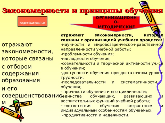 Закономерности и принципы обучения  СОДЕРЖАТЕЛЬНЫЕ ОРГАНИЗАЦИОННО- МЕТОДИЧЕСКИЕ отражают закономерности, которые связаны с отбором содержания образования и его совершенствованием отражают закономерности, которые связаны с организацией учебного процесса: -научности и мировоззренческо-нравственной направленности учебной работы; -проблемности обучения; наглядности обучения; сознательности и творческой активности уч.-ся в обучении; доступности обучения при достаточном уровне трудности; -последовательности и систематичности обучения; - прочности обучения и его цикличности; -единства обучающих, развивающих и воспитательных функций учебной работы; -соответствия обучения возрастным и индивидуальным особенностям обучаемых. -продуктивности и надежности. 