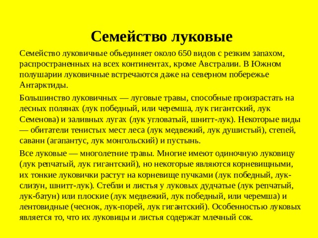    Семейство луковые Семейство луковичные объединяет около 650 видов с резким запахом, распространенных на всех континентах, кроме Австралии. В Южном полушарии луковичные встречаются даже на северном побережье Антарктиды. Большинство луковичных — луговые травы, способные произрастать на лесных полянах (лук победный, или черемша, лук гигантский, лук Семенова) и заливных лугах (лук угловатый, шнитт-лук). Некоторые виды — обитатели тенистых мест леса (лук медвежий, лук душистый), степей, саванн (агапантус, лук монгольский) и пустынь. Все луковые — многолетние травы. Многие имеют одиночную луковицу (лук репчатый, лук гигантский), но некоторые являются корневищными, их тонкие луковички растут на корневище пучками (лук победный, лук-слизун, шнитт-лук). Стебли и листья у луковых дудчатые (лук репчатый, лук-батун) или плоские (лук медвежий, лук победный, или черемша) и лентовидные (чеснок, лук-порей, лук гигантский). Особенностью луковых является то, что их луковицы и листья содержат млечный сок. 