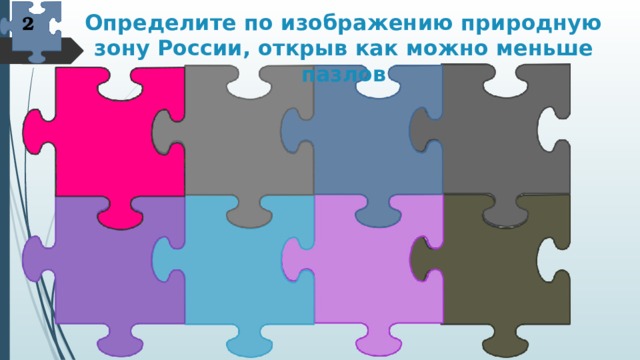 Определите по изображению природную зону России, открыв как можно меньше пазлов 2 