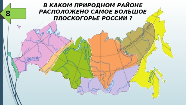 В КАКОМ ПРИРОДНОМ РАЙОНЕ РАСПОЛОЖЕНО САМОЕ БОЛЬШОЕ ПЛОСКОГОРЬЕ РОССИИ ? Районирование 8 