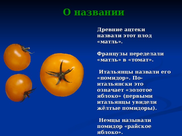 О названии Древние ацтеки назвали этот плод «матль».  Французы переделали «матль» в «томат».   Итальянцы назвали его «помидор». По-итальянски это означает «золотое яблоко» (первыми итальянцы увидели жёлтые помидоры).   Немцы называли помидор «райское яблоко».  Французы - «яблоко любви». 