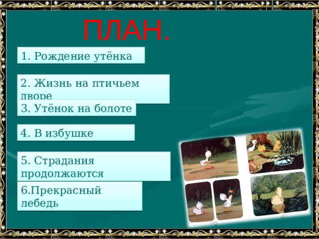 ПЛАН. 1. Рождение утёнка 2. Жизнь на птичьем дворе 3. Утёнок на болоте 4. В избушке 5. Страдания продолжаются 6.Прекрасный лебедь 