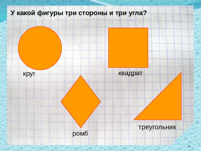 У какой фигуры три стороны и три угла? квадрат круг треугольник ромб  