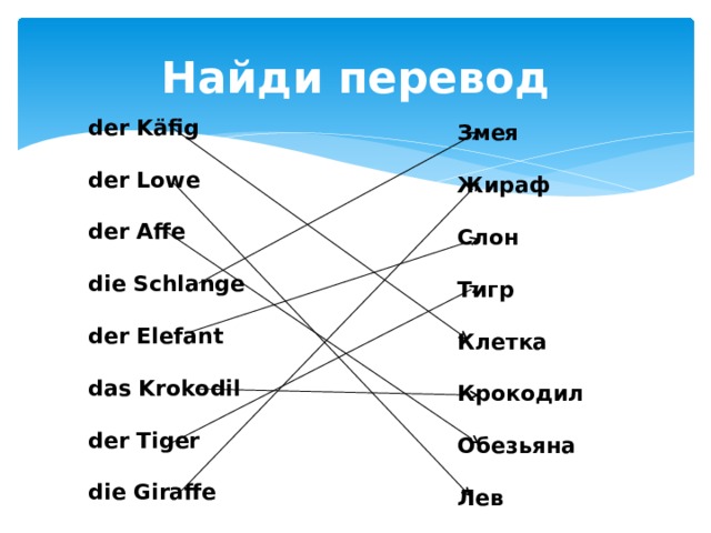 Найди перевод der Käfig  der Lowe  der Affe  die Schlange  der Elefant  das Krokodil  der Tiger  die Giraffe Змея  Жираф  Слон  Тигр  Клетка  Крокодил  Обезьяна  Лев 