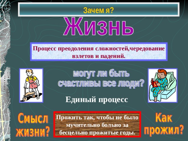 Зачем я? Процесс преодоления сложностей,чередование взлетов и падений. Единый процесс Прожить так, чтобы не было мучительно больно за бесцельно прожитые годы. 