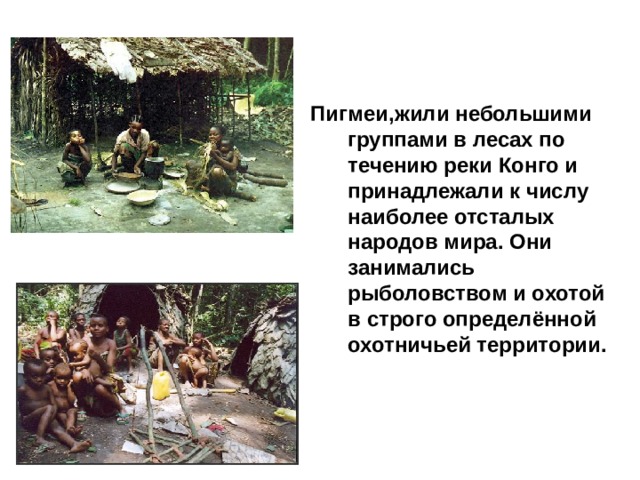 Пигмеи,жили небольшими группами в лесах по течению реки Конго и принадлежали к числу наиболее отсталых народов мира. Они занимались рыболовством и охотой в строго определённой охотничьей территории. 