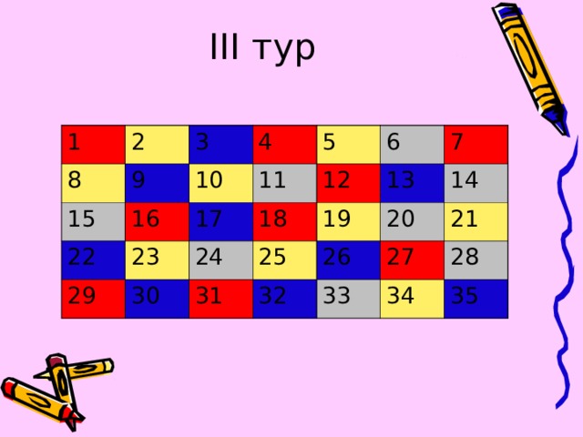 III тур   1 2 8 3 9 15 4 16 10 22 5 29 17 11 23 30 18 6 24 12 31 13 25 19 7 20 32 14 26 33 27 21 34 28 35