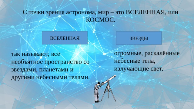 С точки зрения астронома, мир – это ВСЕЛЕННАЯ, или КОСМОС. ВСЕЛЕННАЯ ЗВЕЗДЫ огромные, раскалённые небесные тела, излучающие свет. так называют, все необъятное пространство со звездами, планетами и другими небесными телами. 