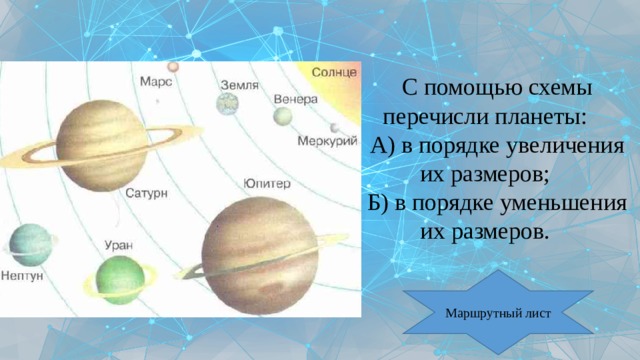 С помощью схемы перечисли планеты: А) в порядке увеличения их размеров; Б) в порядке уменьшения их размеров. Маршрутный лист 