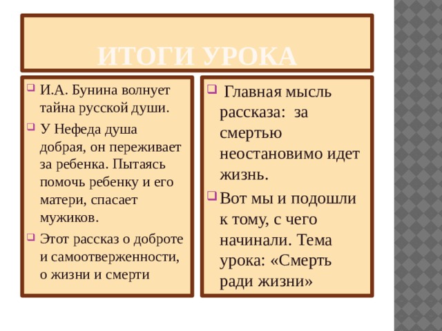Итоги урока И.А. Бунина волнует тайна русской души. У Нефеда душа добрая, он переживает за ребенка. Пытаясь помочь ребенку и его матери, спасает мужиков. Этот рассказ о доброте и самоотверженности, о жизни и смерти  Главная мысль рассказа: за смертью неостановимо идет жизнь. Вот мы и подошли к тому, с чего начинали. Тема урока: «Смерть ради жизни» 