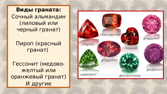 Виды граната: Сочный альмандин (лиловый или черный гранат) Пироп (красный гранат) Гессонит (медово-желтый или оранжевый гранат) И другие 