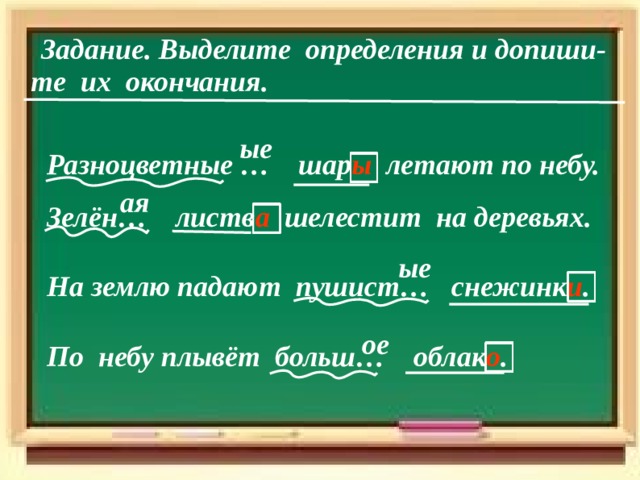  Задание .   Выделите определения и объясните их окончания . Вчера выпал пушистый снег. У дома стоят кудрявые берёзы.  Шелестит молодая листва.  В вышине светило яркое солнце. Солдаты гордо несли боевое знамя.  (какой?) (какие?) (какая?)  (какое?) 