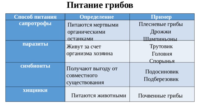 Питание грибов   Способ питания Определение сапротрофы Пример паразиты симбионты хищники Плесневые грибы Дрожжи Шампиньоны Питаются мертвыми органическими останками Трутовик Головня Спорынья Живут за счет организма хозяина Получают выгоду от совместного существования Подосиновик Подберезовик Питаются животными Почвенные грибы 