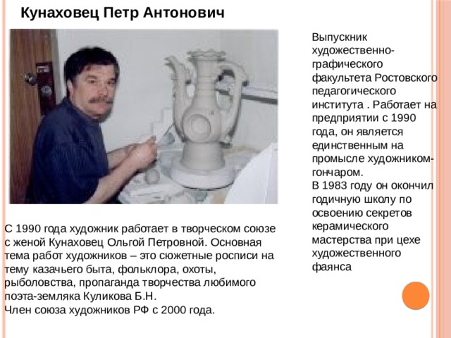 Кунаховец Петр Антонович  Выпускник художественно-графического факультета Ростовского педагогического института . Работает на предприятии с 1990 года, он является единственным на промысле художником-гончаром. В 1983 году он окончил годичную школу по освоению секретов керамического мастерства при цехе художественного фаянса С 1990 года художник работает в творческом союзе  с женой Кунаховец Ольгой Петровной. Основная тема работ художников – это сюжетные росписи на тему казачьего быта, фольклора, охоты, рыболовства, пропаганда творчества любимого поэта-земляка Куликова Б.Н. Член союза художников РФ с 2000 года.  