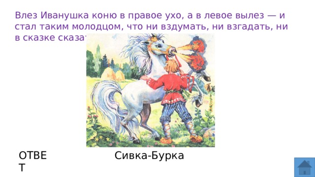 Влез Иванушка коню в правое ухо, а в левое вылез — и стал таким молодцом, что ни вздумать, ни взгадать, ни в сказке сказать. ОТВЕТ Сивка-Бурка  