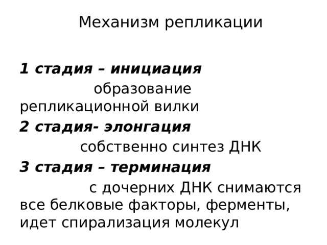  Механизм репликации   1 стадия – инициация  образование репликационной вилки 2 стадия- элонгация  собственно синтез ДНК 3 стадия – терминация  с дочерних ДНК снимаются все белковые факторы, ферменты, идет спирализация молекул 