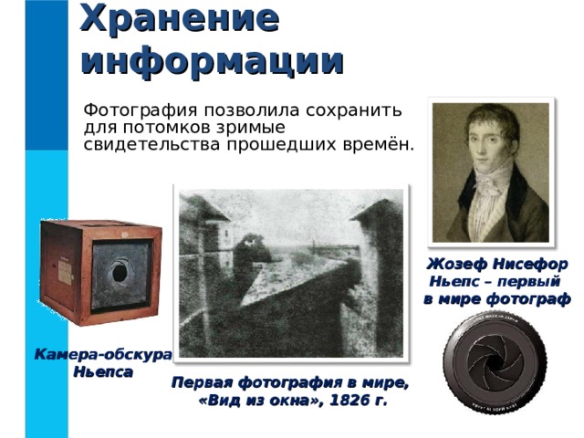Хранение информации Фотография позволила сохранить для потомков зримые свидетельства прошедших времён. Жозеф Нисефор Ньепс – первый  в мире фотограф  Камера-обскура  Ньепса Первая фотография в мире,  «Вид из окна», 1826 г. 