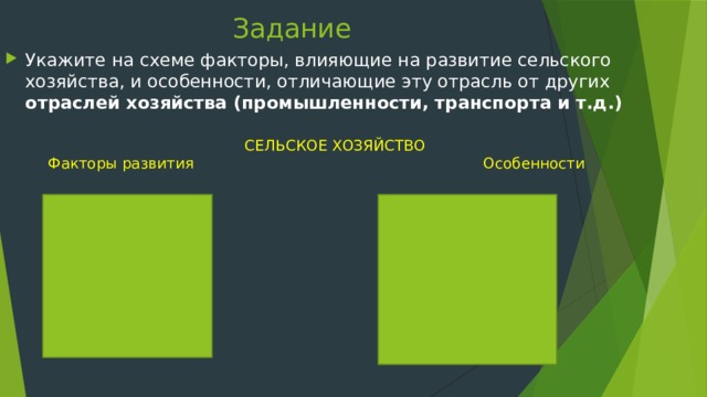 Задание Укажите на схеме факторы, влияющие на развитие сельского хозяйства, и особенности, отличающие эту отрасль от других отраслей хозяйства (промышленности, транспорта и т.д.)  СЕЛЬСКОЕ ХОЗЯЙСТВО Факторы развития Особенности 