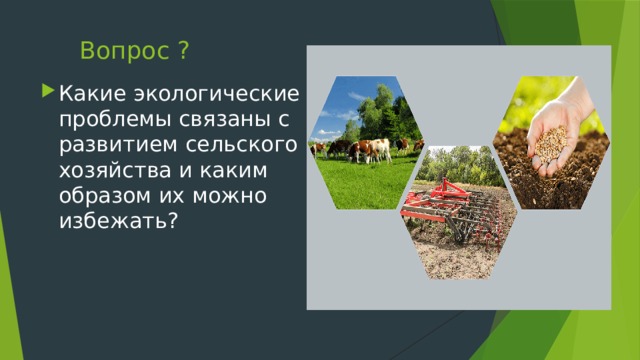 Вопрос ? Какие экологические проблемы связаны с развитием сельского хозяйства и каким образом их можно избежать? 