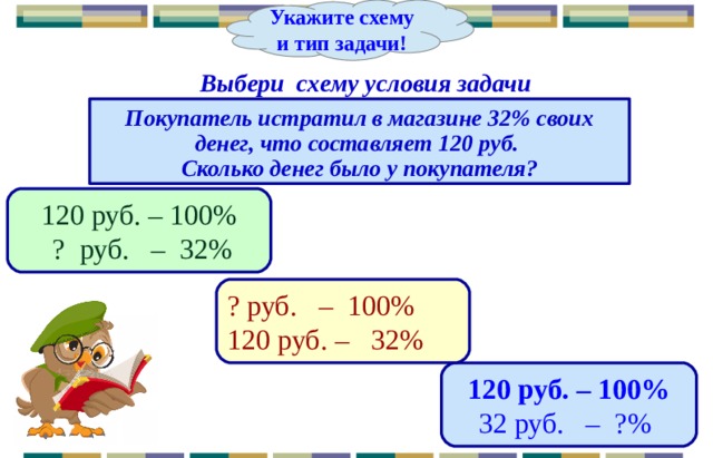 Укажите схему и тип задачи! Выбери схему условия задачи Покупатель истратил в магазине 32% своих денег, что составляет 120 руб. Сколько денег было у покупателя? 120 руб. – 100%  ? руб. – 32% ? руб. – 100% 120 руб. – 32% 120 руб. – 100%  32 руб. – ?%  36 