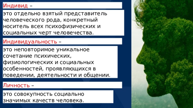 Индивид – это отдельно взятый представитель человеческого рода, конкретный носитель всех психофизических и социальных черт человечества. Индивидуальность – это неповторимое уникальное сочетание психических, физиологических и социальных особенностей, проявляющихся в поведении, деятельности и общении. Личность – это совокупность социально значимых качеств человека. 