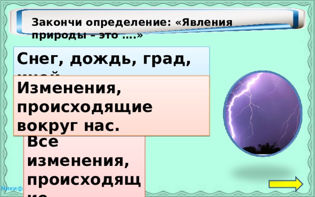 Закончи определение: «Явления природы – это ….» Снег, дождь, град, иней. Изменения, происходящие вокруг нас. Все изменения, происходящие в жизни. 