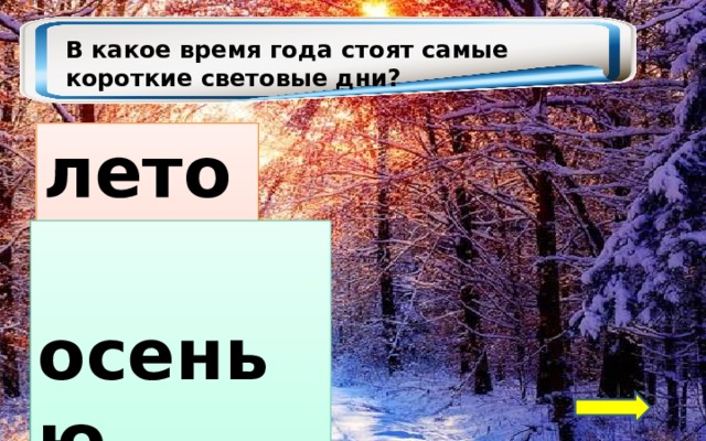 В какое время года стоят самые короткие световые дни? летом  осенью  зимой 