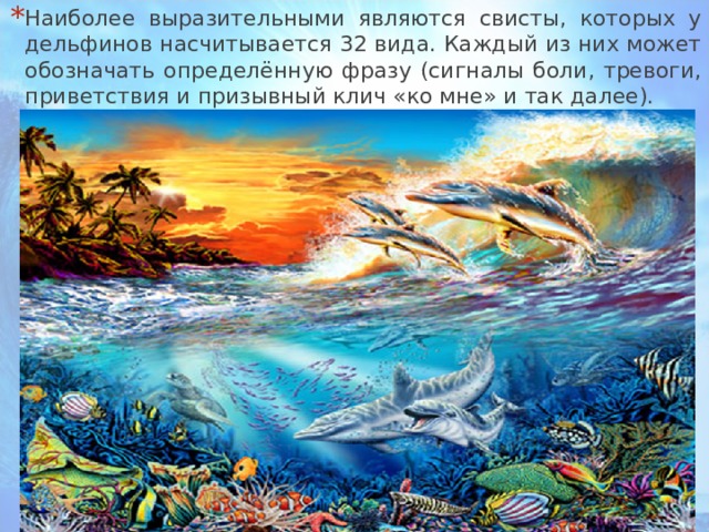 Наиболее выразительными являются свисты, которых у дельфинов насчитывается 32 вида. Каждый из них может обозначать определённую фразу (сигналы боли, тревоги, приветствия и призывный клич «ко мне» и так далее).  