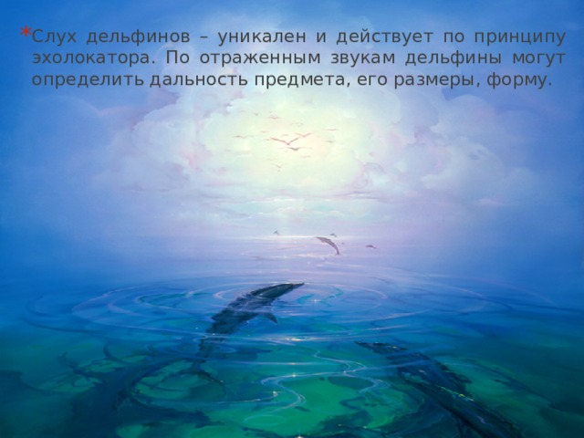 Слух дельфинов – уникален и действует по принципу эхолокатора. По отраженным звукам дельфины могут определить дальность предмета, его размеры, форму. 