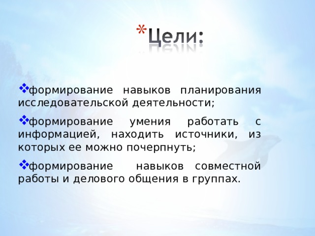 ф ормирование навыков планирования исследовательской деятельности; формирование умения работать с информацией, находить источники, из которых ее можно почерпнуть; формирование навыков совместной работы и делового общения в группах. 