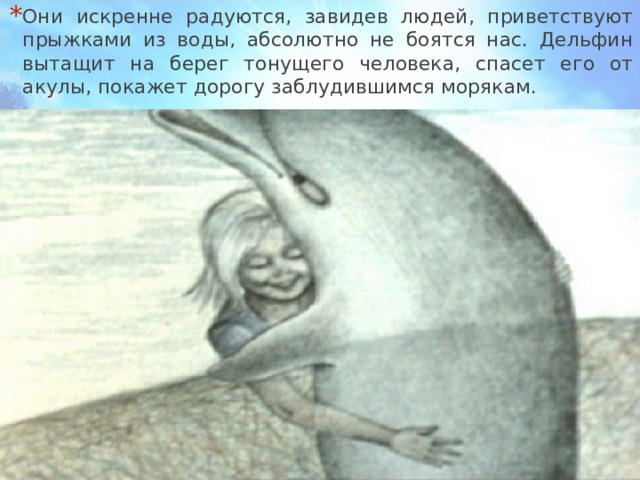 Они искренне радуются, завидев людей, приветствуют прыжками из воды, абсолютно не боятся нас. Дельфин вытащит на берег тонущего человека, спасет его от акулы, покажет дорогу заблудившимся морякам.  