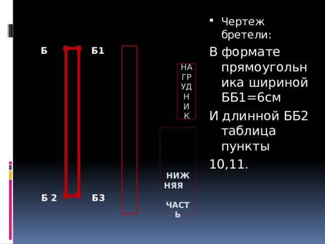 Чертеж бретели: В формате прямоугольника шириной ББ1=6см И длинной ББ2 таблица пункты 10,11. Б Б1 НАГРУДНИК НИЖНЯЯ ЧАСТЬ Б 2 Б3 