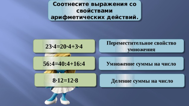 Соотнесите выражения со свойствами арифметических действий. Переместительное свойство умножения 23∙4=20∙4+3∙4 56:4=40:4+16:4 Умножение суммы на число 8∙12=12∙8 Деление суммы на число 