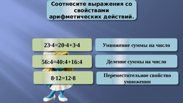Соотнесите выражения со свойствами арифметических действий. 23∙4=20∙4+3∙4 Умножение суммы на число Деление суммы на число 56:4=40:4+16:4 8∙12=12∙8 Переместительное свойство умножения 