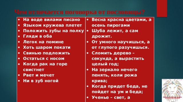 Чем отличается поговорка от пословицы? На воде вилами писано Языком кружева плетет Положить зубы на полку Гляди в оба Легок на помине Хоть шаром покати Свинью подложить Остаться с носом Когда рак на горе свистнет Рвет и мечет Ни в зуб ногой   Весна красна цветами, а осень пирогами Шуба лежит, а сам дрожит. От умного научишься, а от глупого разучишься. Сломить дерево – секунда, а вырастить целый год; На зеркало нечего пенять, коли рожа крива; Когда придет беда, не пойдет на ум и беда; Ученье – свет, а неученье – тьма. 