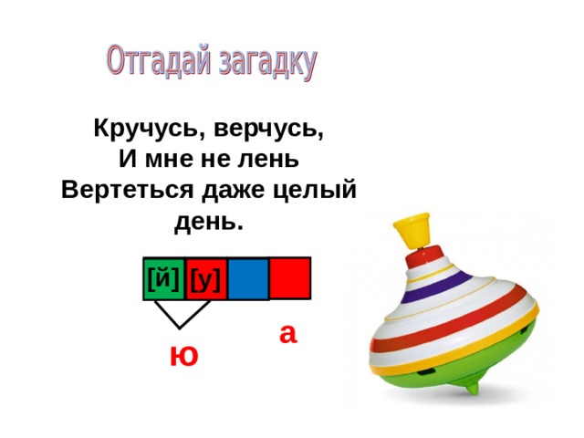 Кручусь, верчусь,  И мне не лень  Вертеться даже целый день. [ й ] [ у ] а ю 