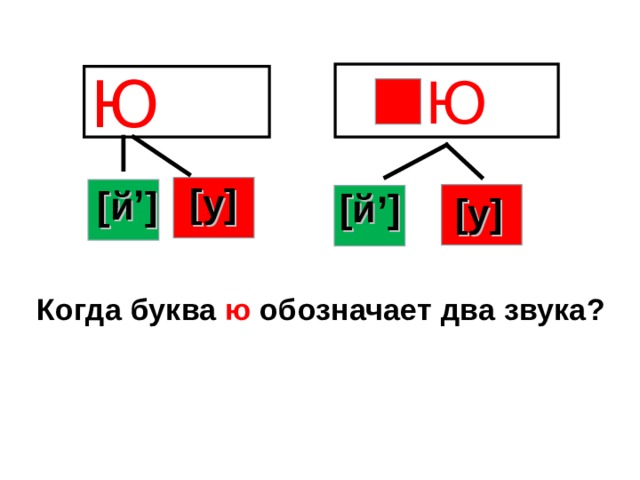 Ю Ю , , [ у ] [ й ] [ й ] [ у ] Когда буква ю обозначает два звука? 