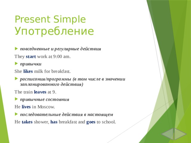 Present Simple  Употребление повседневные и регулярные действия They start work at 9:00 am. привычки She likes milk for breakfast. расписания/программы (в том числе в значении запланированного действия) The train leaves at 9. привычные состояния He lives in Moscow. последовательные действия в настоящем He takes shower, has breakfast and goes to school. 