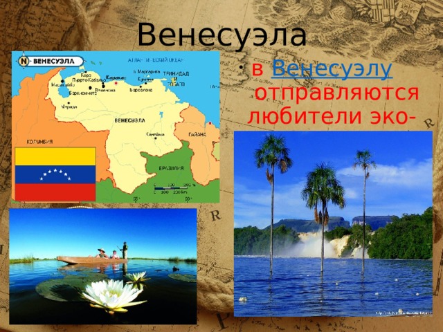 Венесуэла   в  Венесуэлу  отправляются любители эко-туризма .  