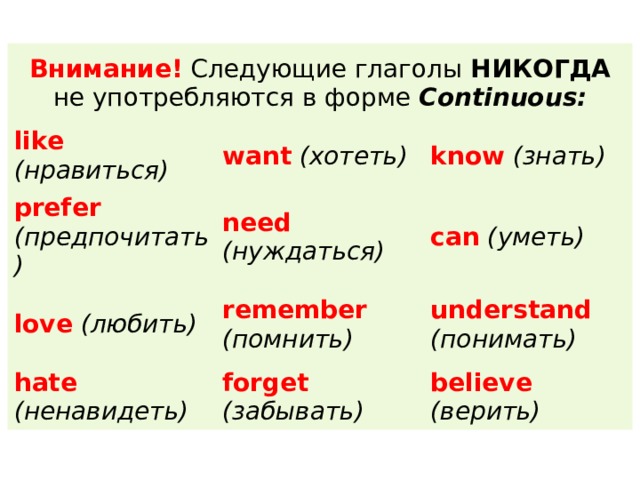Внимание! Следующие глаголы НИКОГДА не употребляются в форме Continuous: like  ( нравиться) want  ( хотеть) prefer  ( предпочитать) know  ( знать) need  ( нуждаться) love  ( любить) can ( уметь) remember  ( помнить) hate  ( ненавидеть) understand  ( понимать) forget  ( забывать) believe  ( верить) 