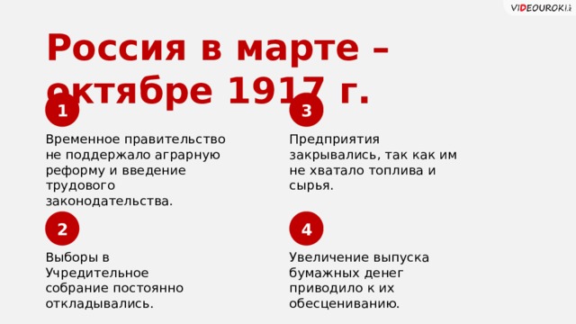 Россия в марте – октябре 1917 г. 1 3 Временное правительство Предприятия закрывались, так как им не хватало топлива и сырья. не поддержало аграрную реформу и введение трудового законодательства. 2 4 Выборы в Учредительное собрание постоянно откладывались. Увеличение выпуска бумажных денег приводило к их обесцениванию. 15 