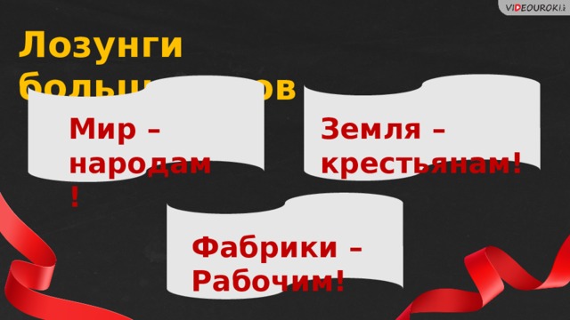 Лозунги большевиков Мир – народам! Земля – крестьянам! Фабрики – Рабочим! 25 
