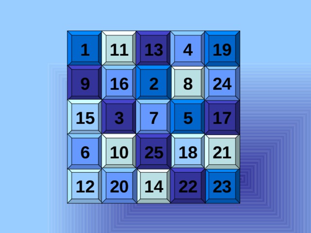 1 11 13 4 19 8 9 16 24 2 17 5 3 7 15 6 10 18 25 21 14 23 20 22 12  